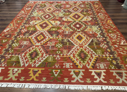 Turkish Kilim Rug 8x10, Geometric Design, Large Kilim Carpet