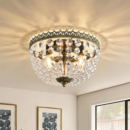 Three Light French Empire Crystal Chandelier Antique Bronze Dimmable Flush Mount
