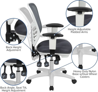 Nicholas Gray And White Mesh Mid Back Swivel Office Chair With Adjustable Lumbar