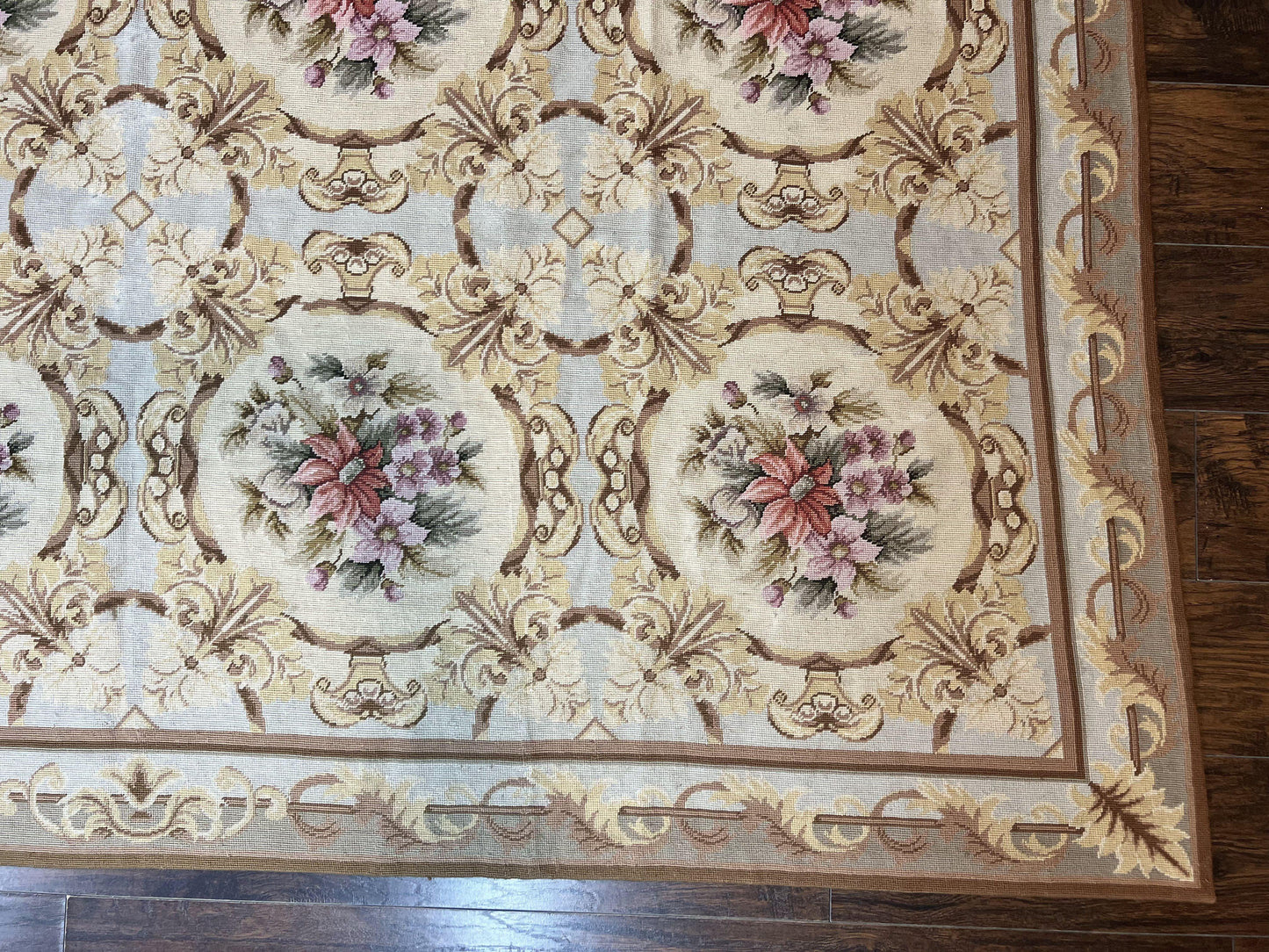 Chinese Needlepoint Rug 8x11, Handmade Wool Needlepoint Carpet, Vintage, Sky Blue