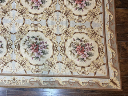Chinese Needlepoint Rug 8x11, Handmade Wool Needlepoint Carpet, Vintage, Sky Blue