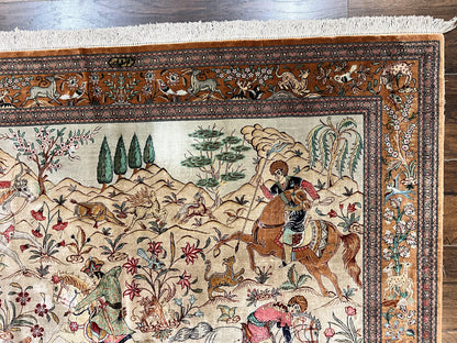 Silk Persian Qum Rug 3x5, Hunting Pattern, Handmade Vintage Carpet, Signed by Master Weaver, Horsemen Pictorials, Super Fine 650 KPSI
