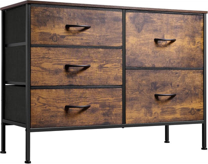 Rustic Brown Wood Grain 5 Drawer Dresser For Bedroom
