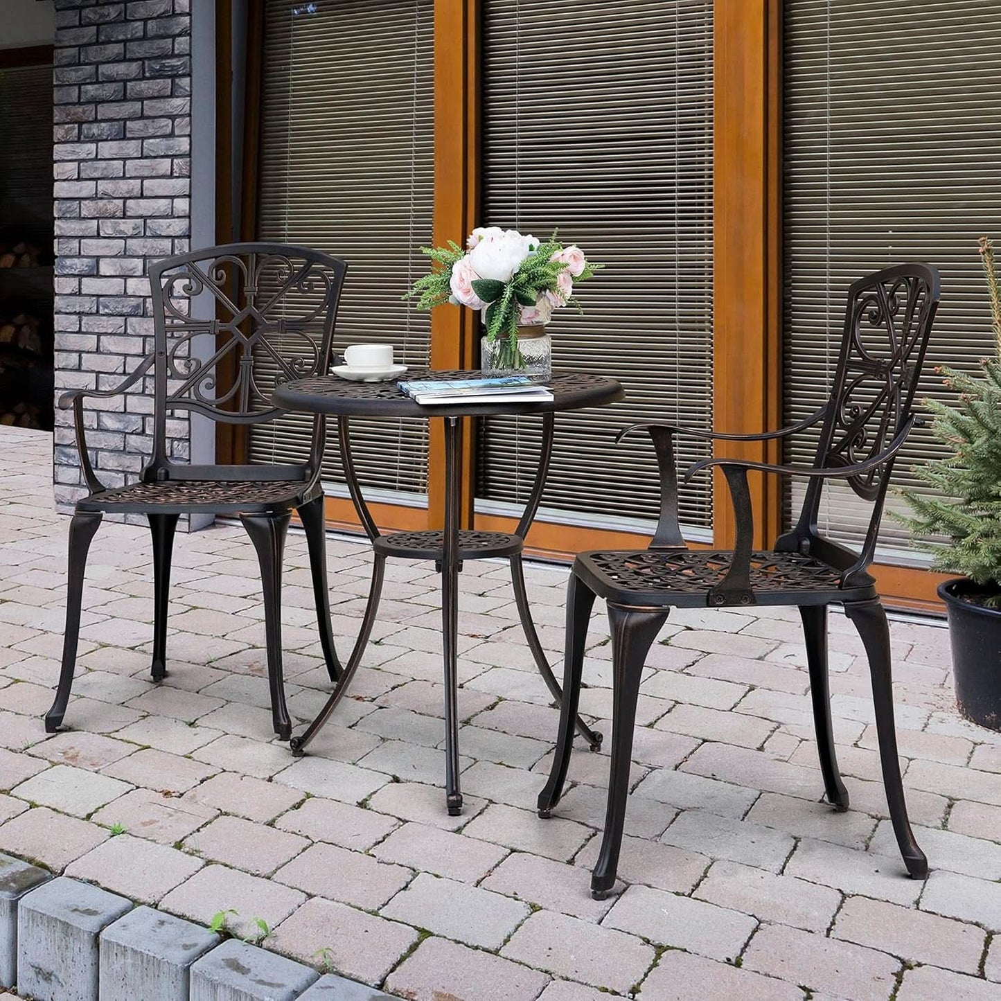 Black Bistro Set Umbrella Hole Cast Aluminum Outdoor Patio