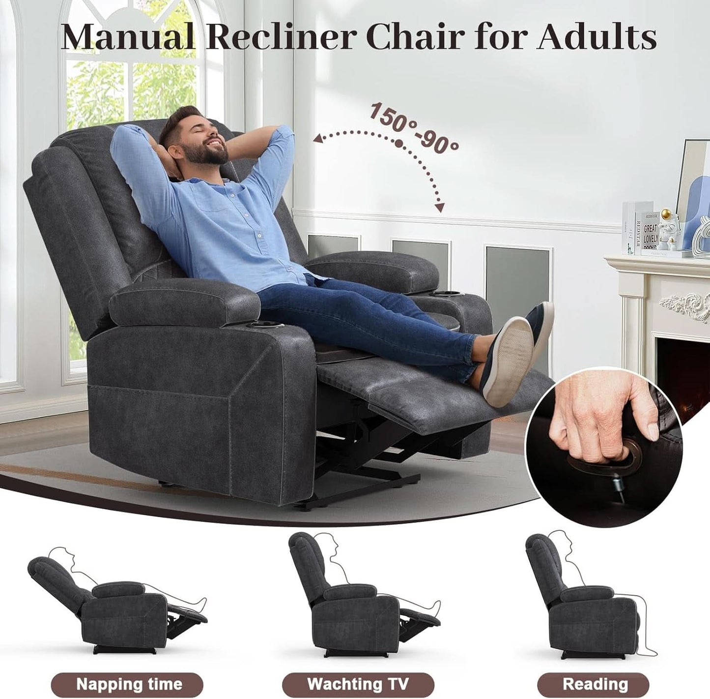 Grey Leather Reclining Loveseat Sofa Set With Console And Two Chairs