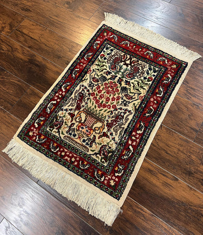 Small Indo Persian Rug 2x3 ft, Wool with Silk Highlights, Animal Pictorials, Birds