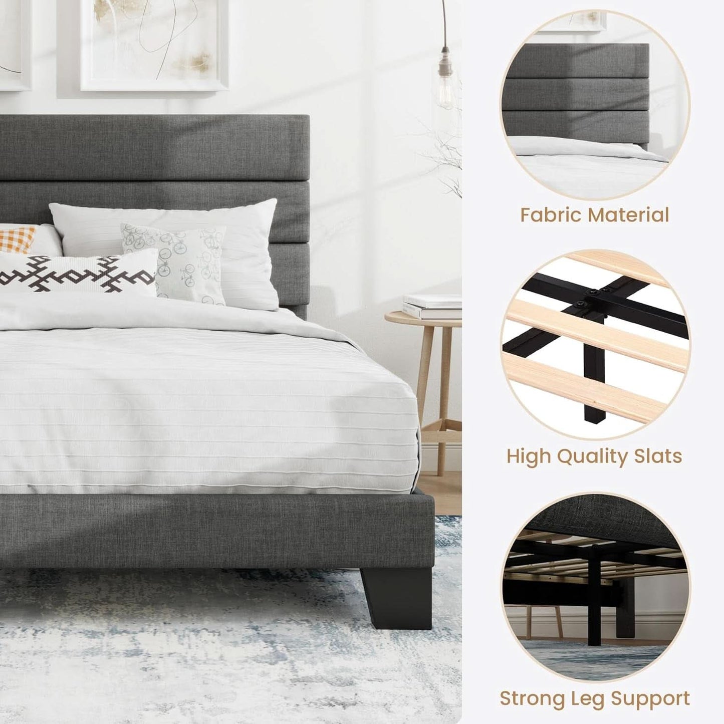 Full Size Upholstered Bed Frame With Grey Headboard