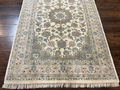 Indo Persian Rug 4x6, Floral Medallion, Beige, Handmade Wool Vintage Carpet 4 x 6 ft