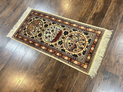 Silk Turkish Rug 2x4, Fine Handmade Oriental Rug, Animal Pictorial Birds Silk Pile on Silk Foundation Vintage Hand Knotted Hereke Carpet