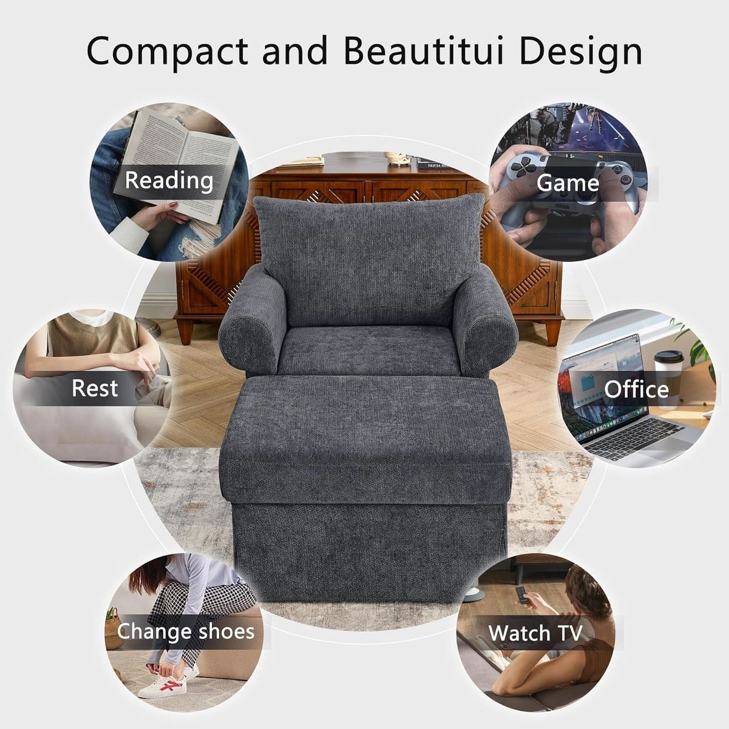 Gray 35 Inch Accent Chair With Ottoman And Chaise Lounge
