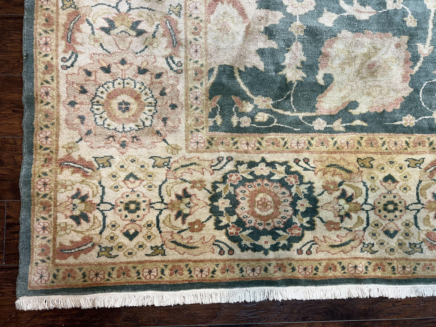 Egyptian Mahal Rug 10x14, Large Vintage Floral Hand Knotted Wool Carpet 10 x 14, Dark Green and Beige Traditional Handmade Persian Area Rug
