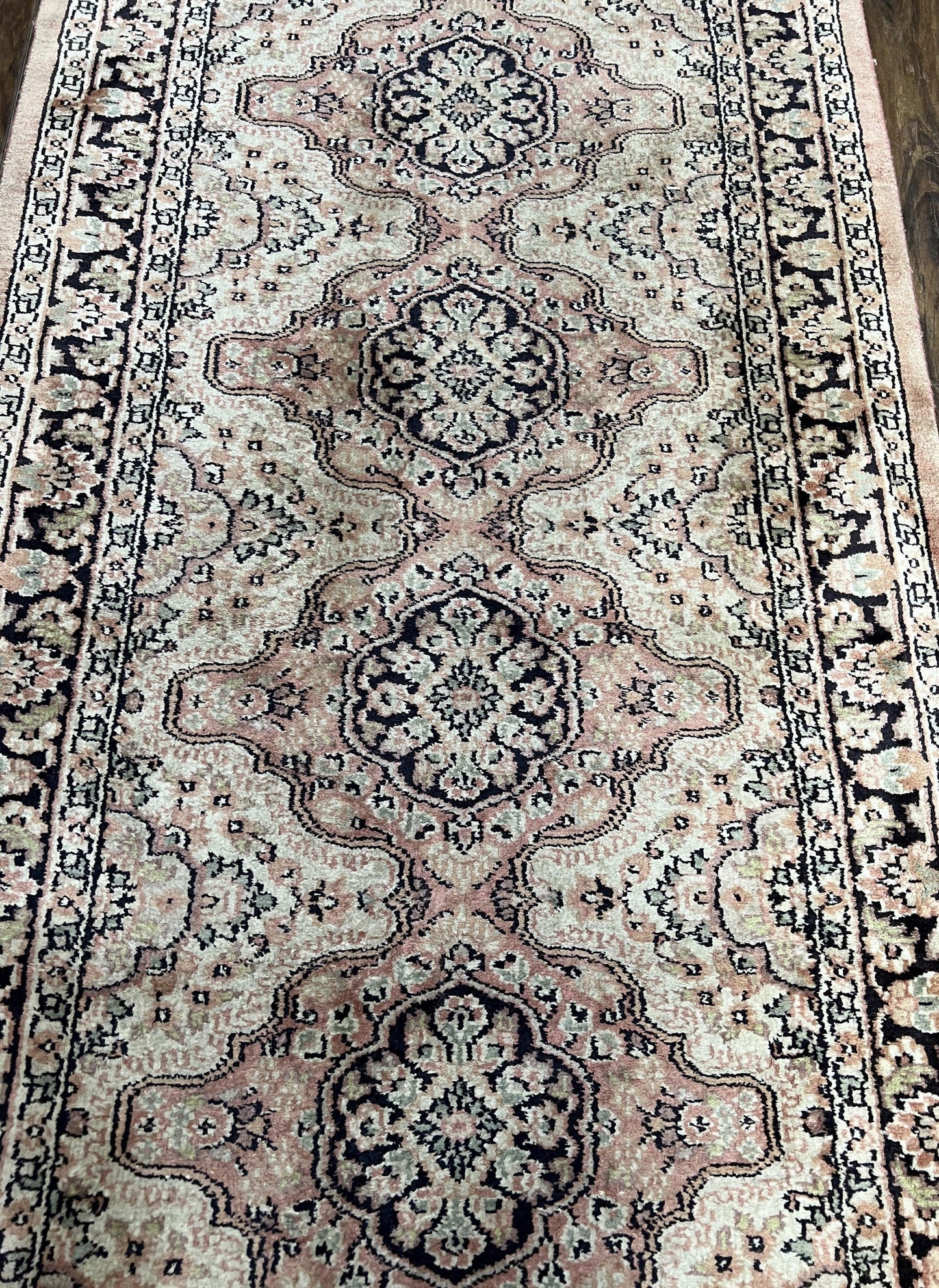 Silk Kashmiri Runner 2.7 x 10 ft Vintage Rug, Ivory Pastel Pink, Hand-Knotted Vintage Runner, Hallway Carpet, Indian Rug Medallion Runner