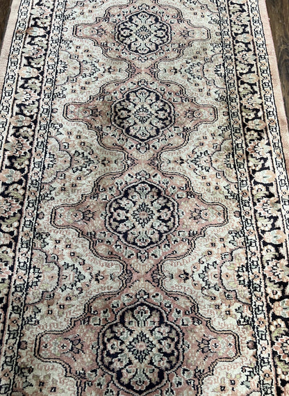 Silk Kashmiri Runner 2.7 x 10 ft Vintage Rug, Ivory Pastel Pink, Hand-Knotted Vintage Runner, Hallway Carpet, Indian Rug Medallion Runner