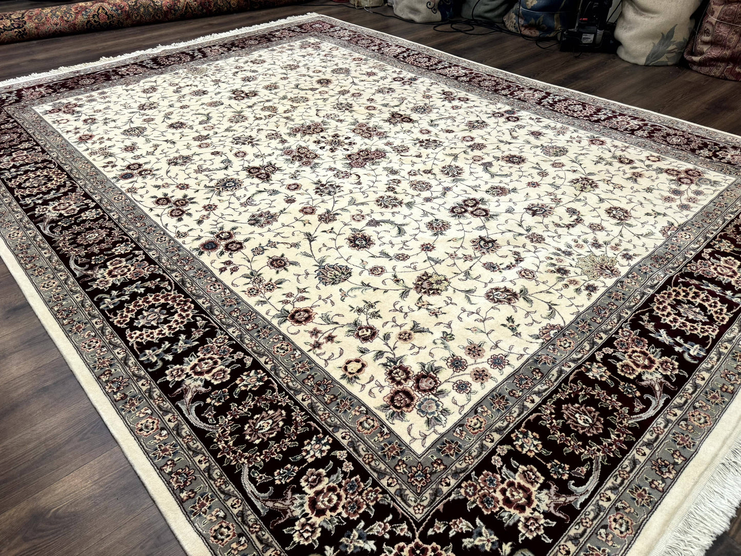 Sino Persian Rug 9x12, Floral Allover Design, 170 KPSI, Ivory and Dark Maroon