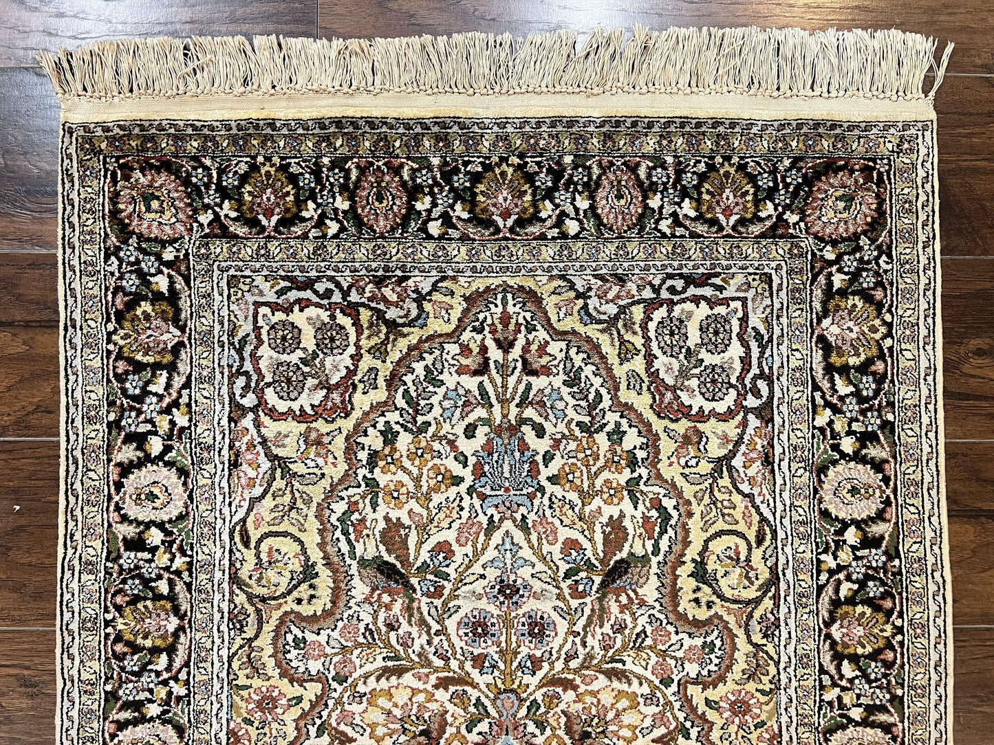 Turkish Kayseri Silk Rug 3x5, Tree of Life Silk Oriental Carpet, Birds Persian Vase Design, Hand Knotted Vintage Fine Rug, 340 KPSI