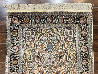 Turkish Kayseri Silk Rug 3x5, Tree of Life Silk Oriental Carpet, Birds Persian Vase Design, Hand Knotted Vintage Fine Rug, 340 KPSI