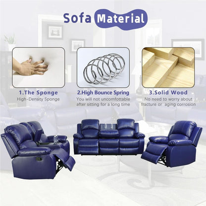 Dark Blue Leather Recliner Sofa Set For Living Room 3 Piece