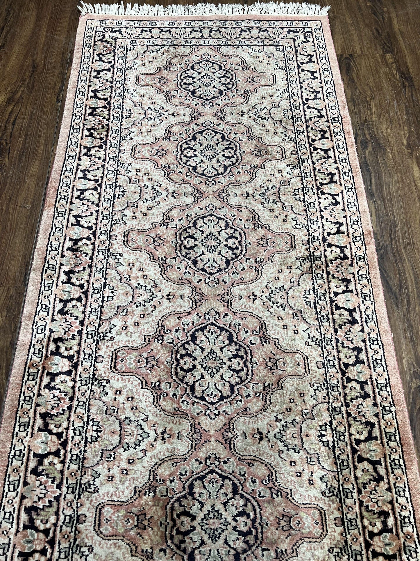 Silk Kashmiri Runner 2.7 x 10 ft Vintage Rug, Ivory Pastel Pink, Hand-Knotted Vintage Runner, Hallway Carpet, Indian Rug Medallion Runner
