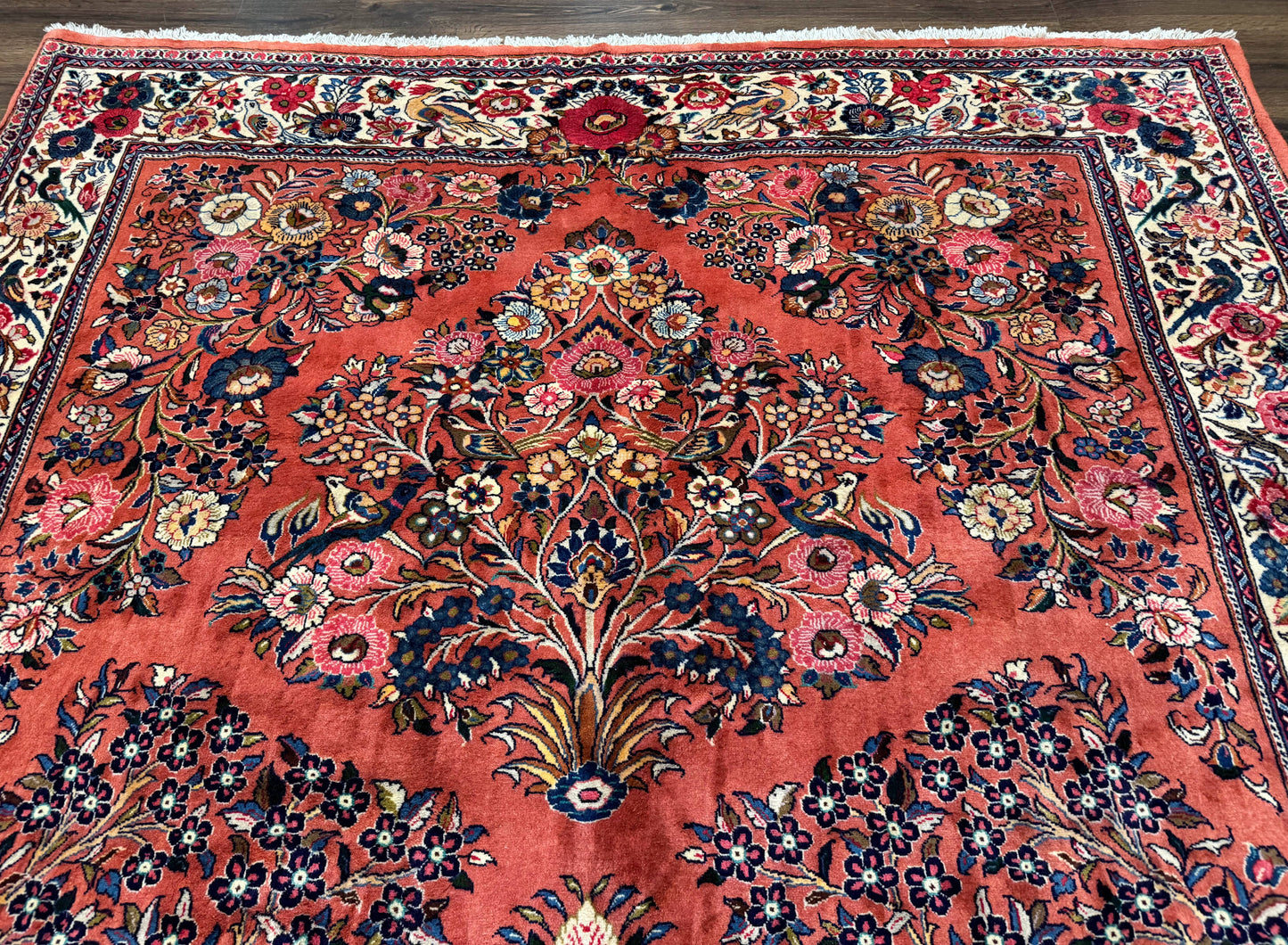Persian Sarouk Rug 7x10, Red and Ivory, Floral Bouquets, Birds