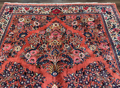 Persian Sarouk Rug 7x10, Red and Ivory, Floral Bouquets, Birds