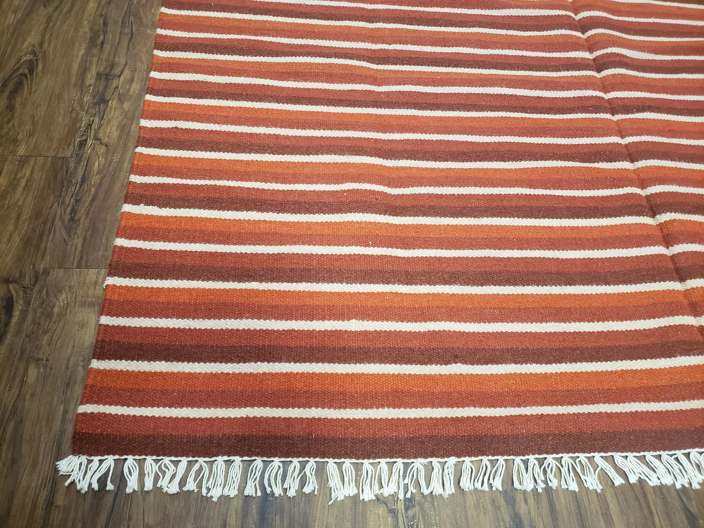 Large Striped Woolen Handmade Throw Blanket, Twin Size Bedding Hand-Woven, Indian Kilim Area Rug, 6x8 - 7x8, South American Style Textile