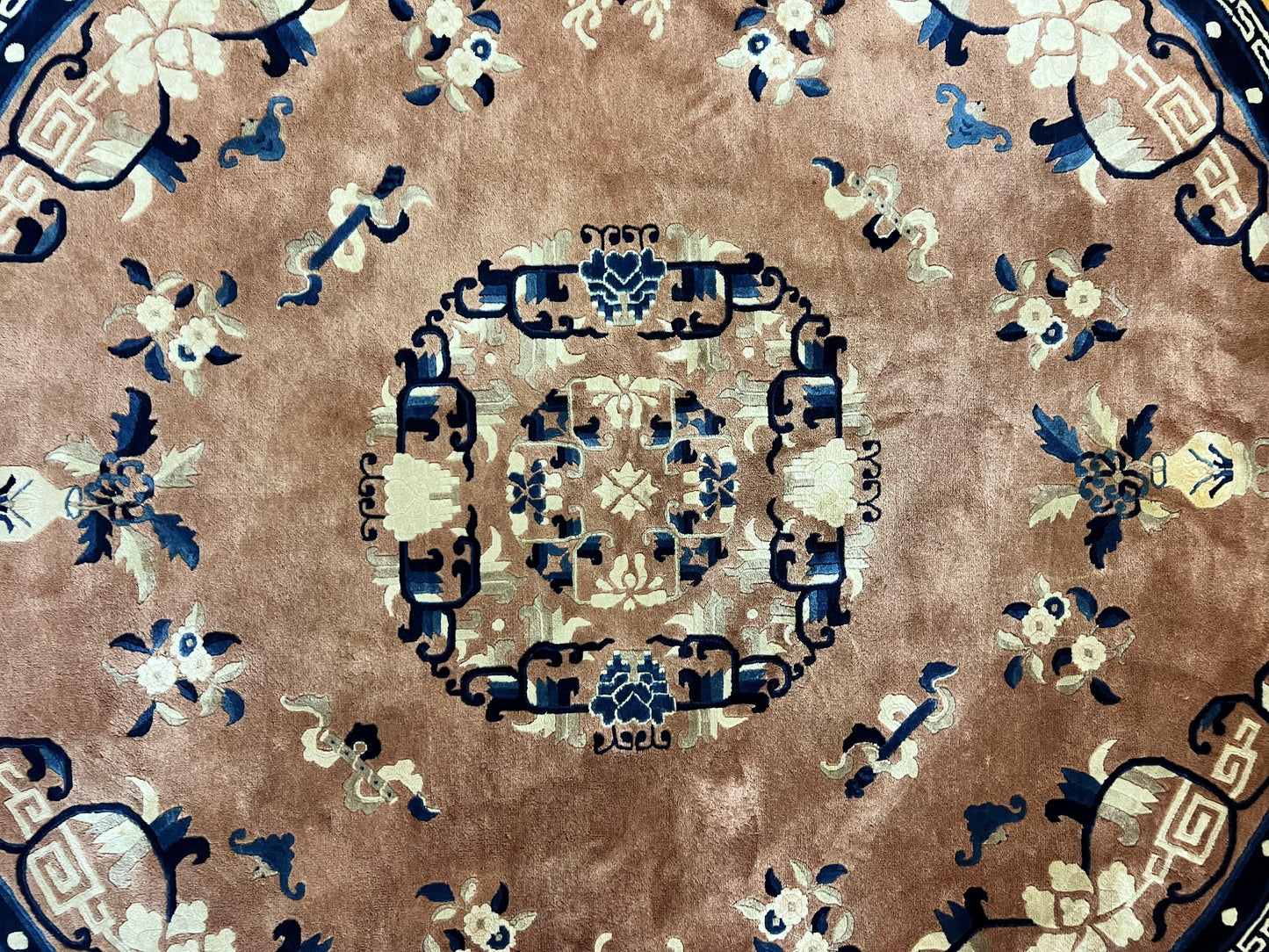 Antique Round Chinese Wool Rug 8x8, Chinese Peking Carpet, Asian Oriental Carpet 8 x 8 ft, Chinese Art Deco Rug, Nichols Rug