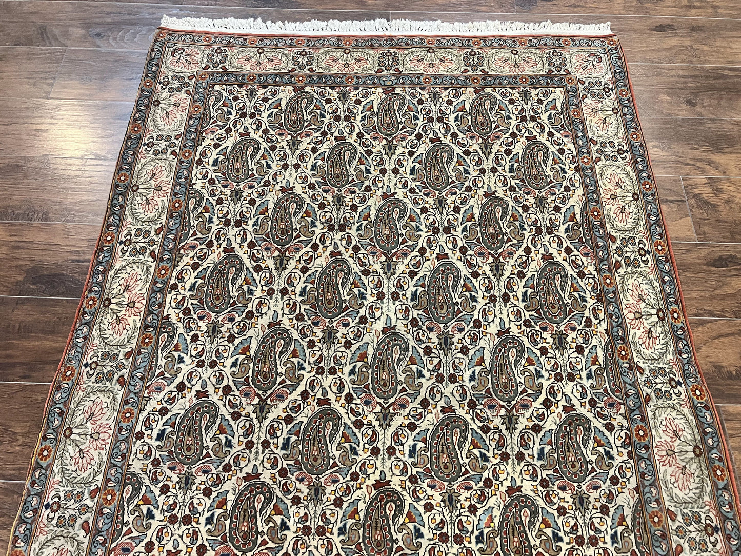 Persian Qum Rug 5x6, Cream Wool Hand Knotted Carpet, Repeated Boteh Paisely Design, Semi Antique Vintage Rug, Very Fine Weave 5 x 6 Rug