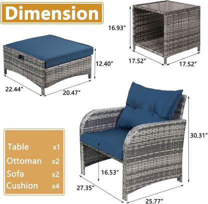 5 Pieces Wicker Outdoor Patio Chairs Set With Ottoman Blue