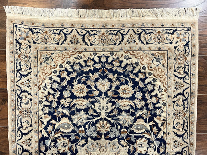 Persian Nain Rug 3x5, Floral Medallion Oriental Carpet, Very Fine Hand Knotted Handmade Wool and Silk Highlights Rug, Vintage Semi Antique