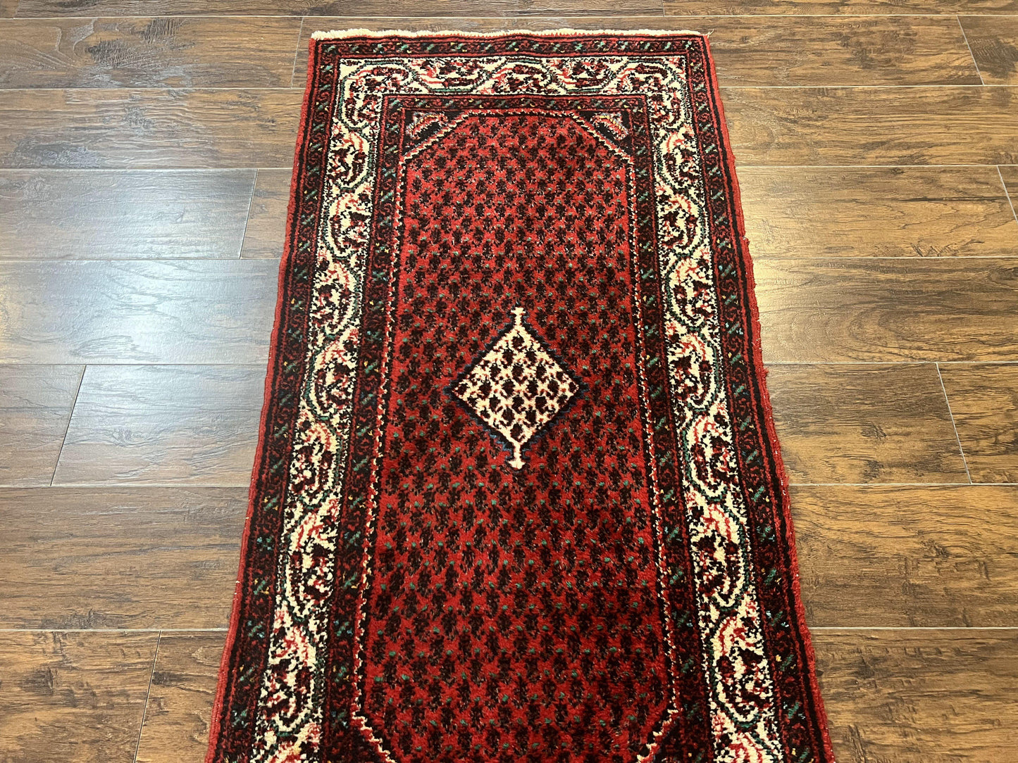 Persian Tribal Rug 2.6 x 5, Boteh Paisley Pattern, Red and Beige, Wool Hamadan Rug