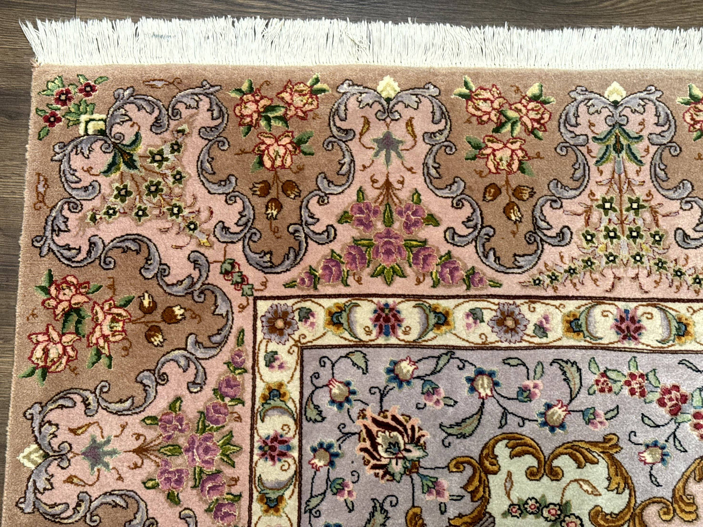 Wonderful Persian Tabriz Rug 7x10, Very Fine 330 KPSI, Light Green Light Blue Pink, Kork Wool Silk Foundation, Bird Pictorials