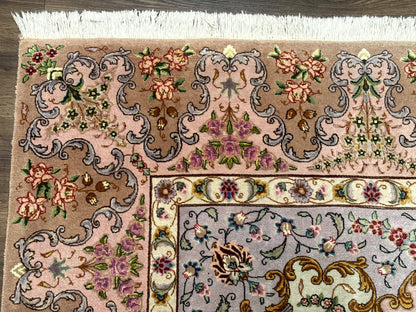 Wonderful Persian Tabriz Rug 7x10, Very Fine 330 KPSI, Light Green Light Blue Pink, Kork Wool Silk Foundation, Bird Pictorials