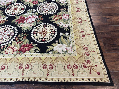 9x12 Black Needlepoint Rug, European Floral Panel Design, Handwoven, Vintage Chinese Needlepoint, Black Green Beige, Wool Rug 9 x 12