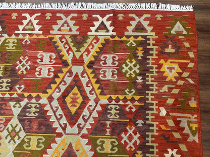 Turkish Kilim Rug 8x10, Geometric Design, Large Kilim Carpet