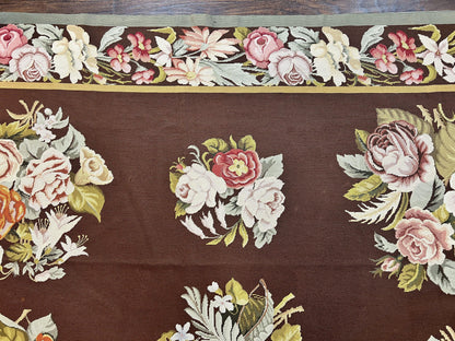 Vintage Needlepoint Rug 9x12, Large Handmade Hand-woven Needlepoint Carpet, Brown Area Rug, Floral Bouquets, Wool Rug, European Design