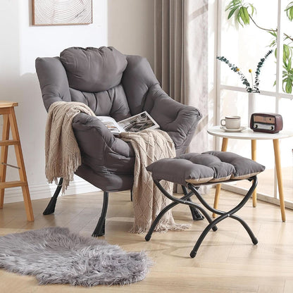 Dark Grey Lazy Chair With Ottoman Footrest And Side Pocket
