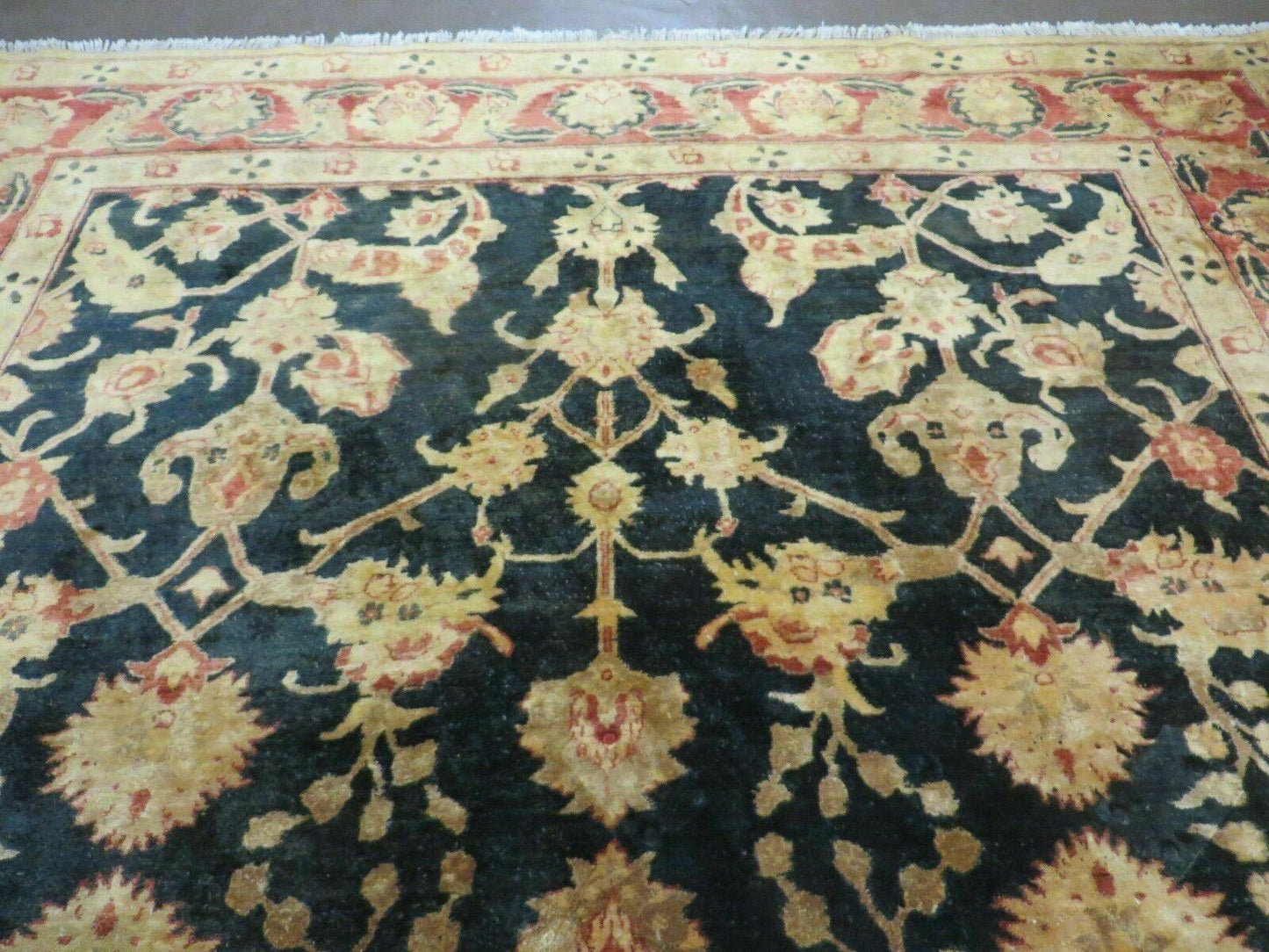 8' X 9' Handmade Pakistan Wool Cotton Rug Peshawar Black Floral Nice # 200C