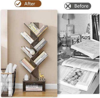 6 Tier Tree Bookshelf Bookcase With Drawer Grey Office