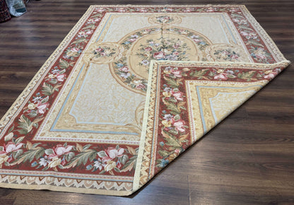 Needlepoint Rug 8x10, Aubusson Savonnerie European Carpet, Floral, Elegant