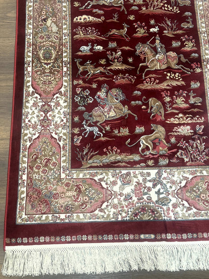 Turkish Silk Rug 3x5, Hunting Design, Dark Red & Ivory, Bamboo Silk, New