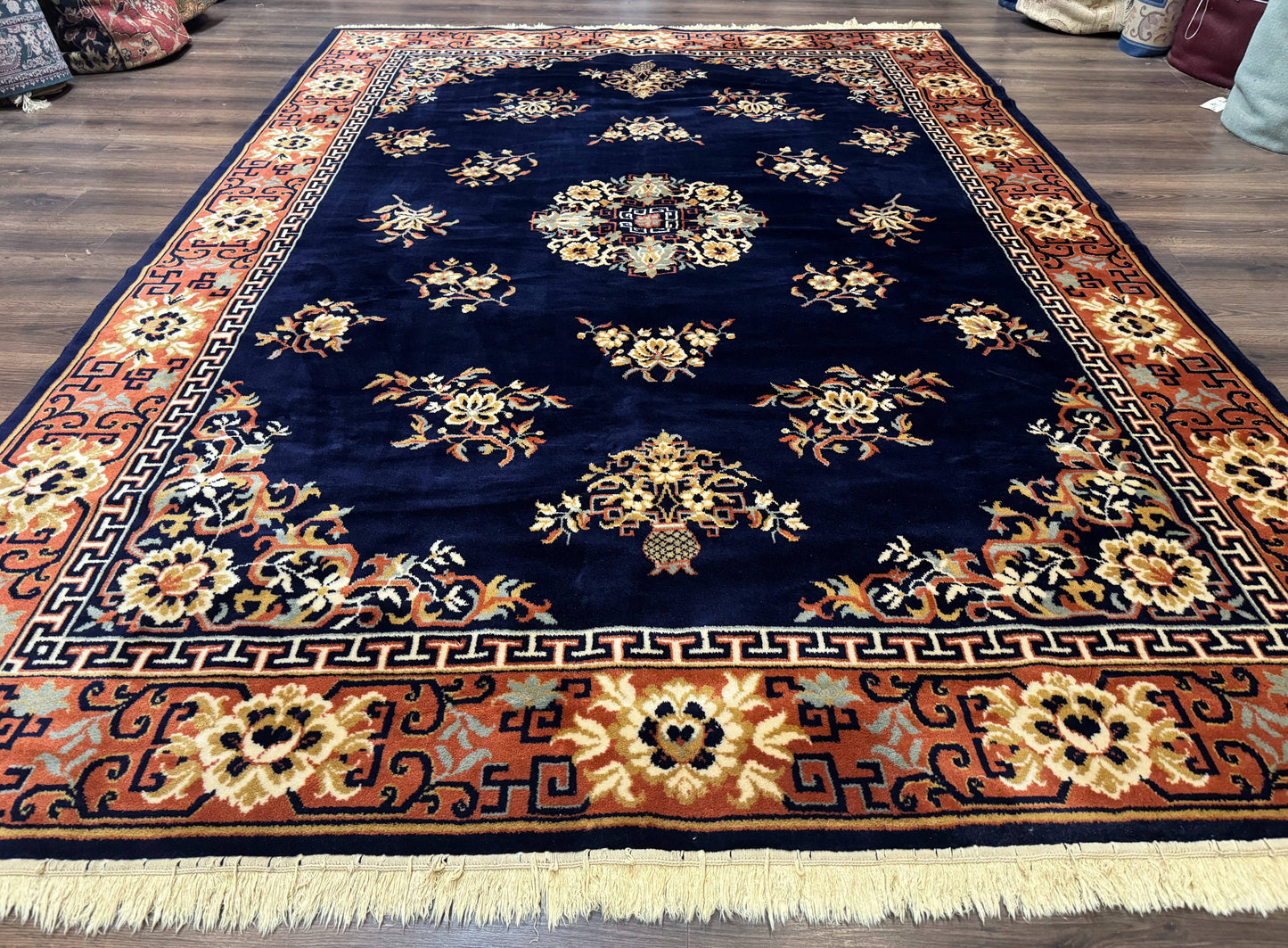Chinese Wool Rug 8x11, Navy Blue and Terracotta, Floral, Couristan Belgium Power Loomed Carpet