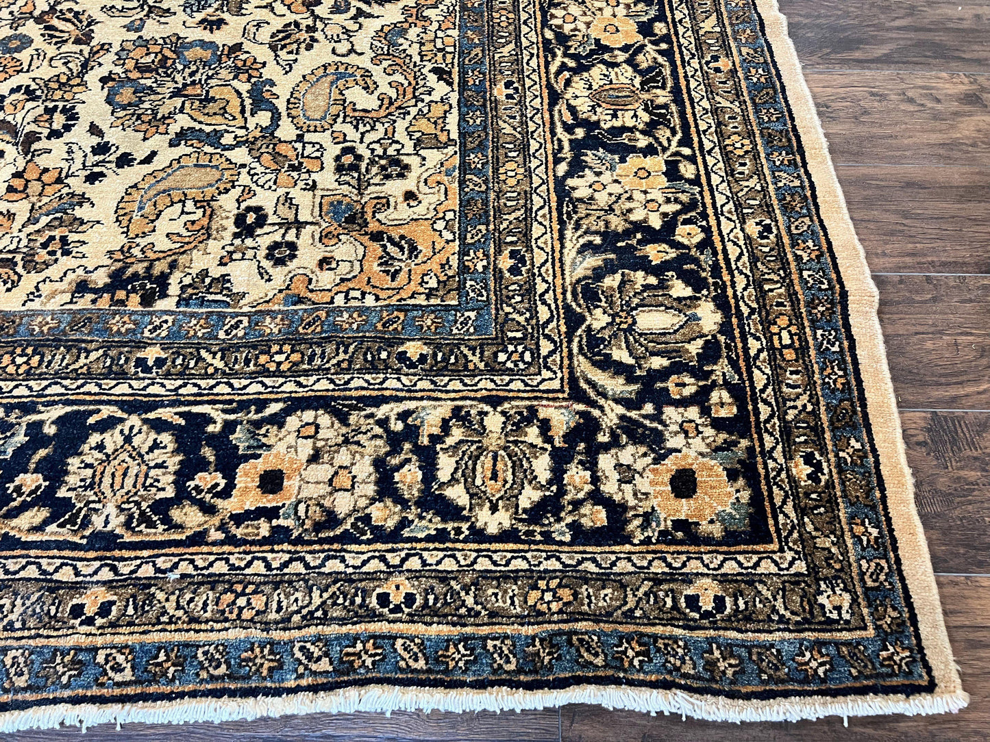 Antique Persian Rug 9x11, Wool Handmade 1920s Oriental Carpet, Persian Hamadan Anjelas Rug, Cream Black, Floral Allover Oriental Rug 9 x 11 Room Sized Rug
