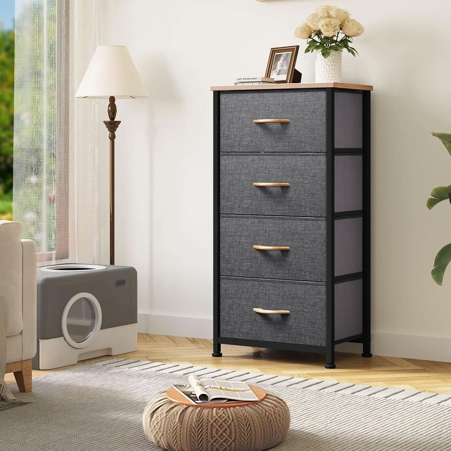 4 Drawer Dresser With Wooden Top And Fabric Storage