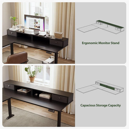 L Shaped Electric Standing Desk 63 Inch 2 Drawers Black