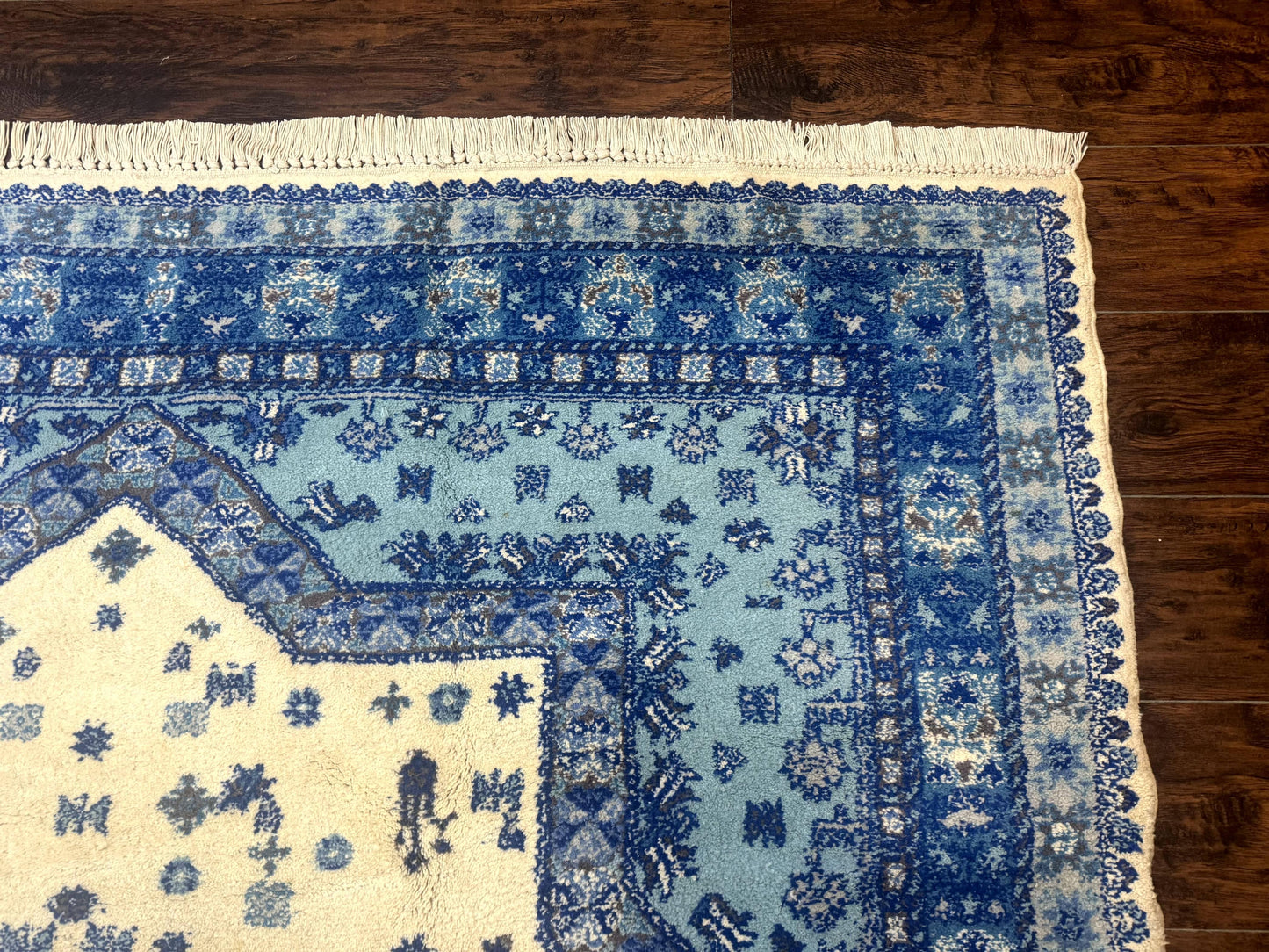 Moroccan Rug 7x10, Geometric Medallion, Blue and Ivory