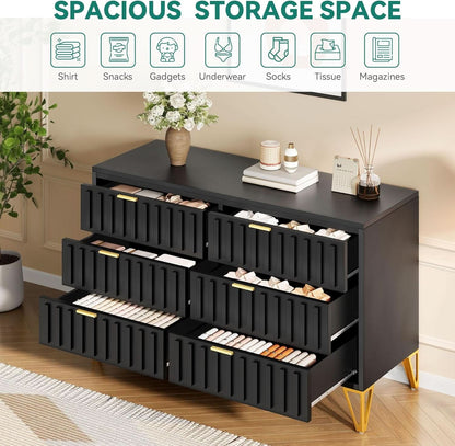 Fluted Stainlesssteel Dresser Six Drawer Black Mattefinish