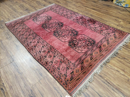 Antique Bukhara Area Rug, Vintage Afghan Bokhara Bashir Rug, 4x6 Hand-Knotted Oriental Carpet, Red & Black Wool Rug, 4' x 5'9
