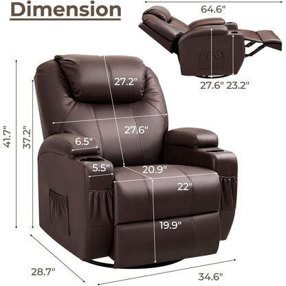 PU Leather Recliner Chair With Massage And Heat Brown