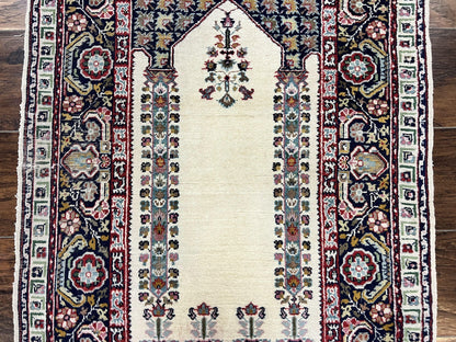 Turkish Prayer Rug 2.5 x 4, Vintage Wool Hand Knotted Carpet, Ivory
