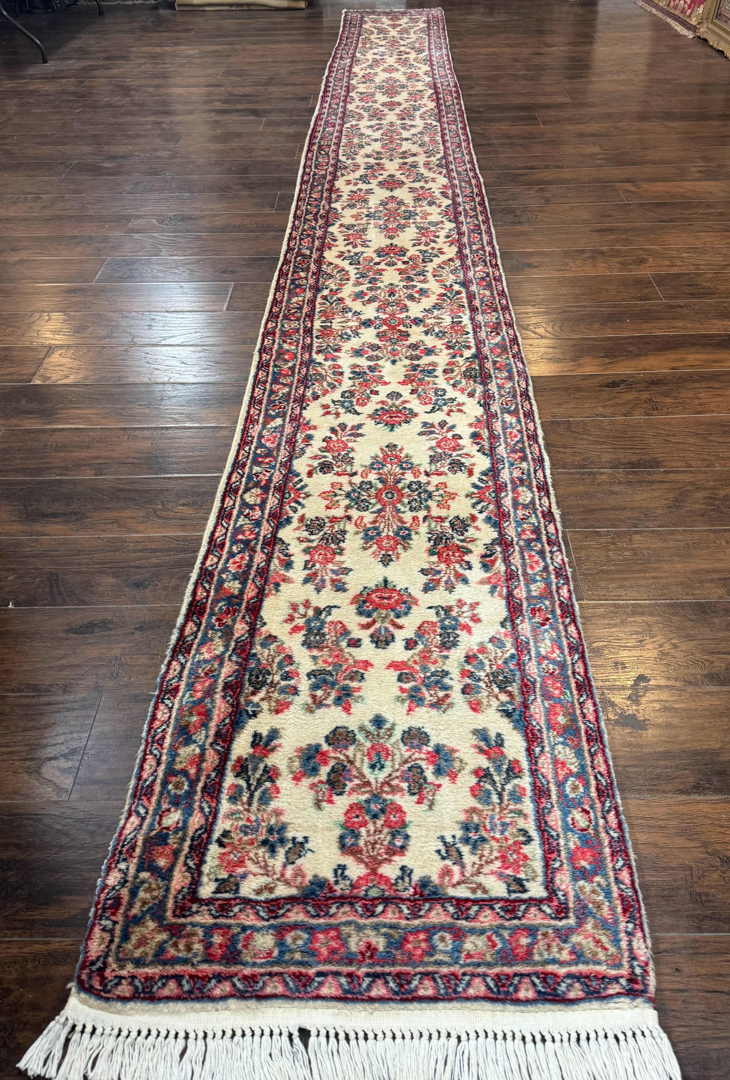 Persian Sarouk Runner Rug 2.4 x 21, Handmade Wool Floral Runner Rug for Hallway, 21ft Runner, Ivory